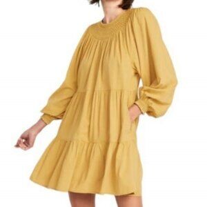 Old Navy Swing Dress Women's Long Puff Sleeve Smocked Embroidered Boho Yellow L